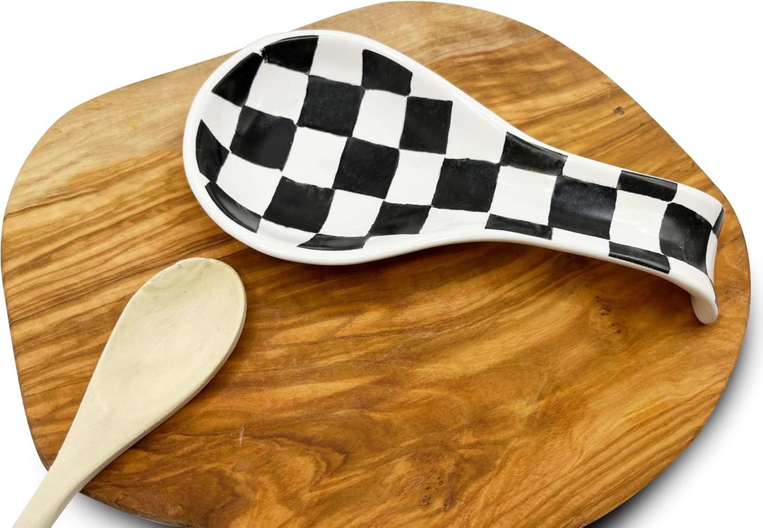 Checkered Spoon Rest for Kitchen Counter - Cooking Spoon Holder for Stove Top - Large Utensil Spatula Spoon Rest - Cute Kitchen Gadgets Gift for Housewarmings - Distressed Checkerboard Black and White