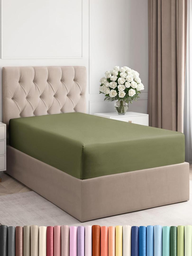 Twin Fitted Bed Sheet - Bottom Single Fitted Sheet Only - Soft Hotel Luxury Bedding w/ 8-16 Inch Deep Pockets - Breathable, Cooling & Wrinkle Free - Easy-Care, Fade and Shrink Resistant - Sage Green