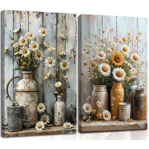Farmhouse Daisy Floral Canvas Wall art Vintage Rustic Painting Prints Country Flower Still Life Botanical Wall Decor Rust Color Watering Can Poster Picture for Bathroom Living Bedroom Wood Framed 24x16