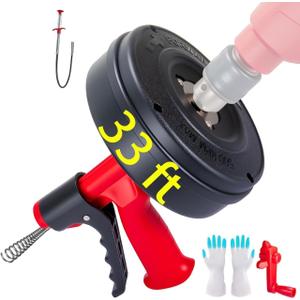 Drain Snake Hair Drain Clog Remover,SEVVETROOL Plumbing Drain Auger Snake Drill Attachment Toilet Snake Auger for Bathroom Kitchen Tub Shower Drain Clog Remover with Gloves(33ft/10M) (Red+Black)