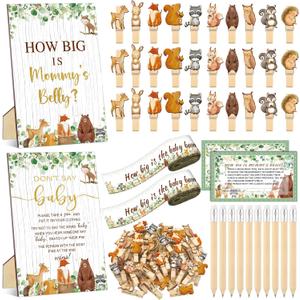 Wonderjune 114 Pcs Baby Shower Decorations How Big Is Mom's Belly Don't Say Sign Measure Bump Game for 50 Guest Tummy Measure Rolls Pencils Clothespins for Gender Reveal Party Supply(Woodland Animal)
