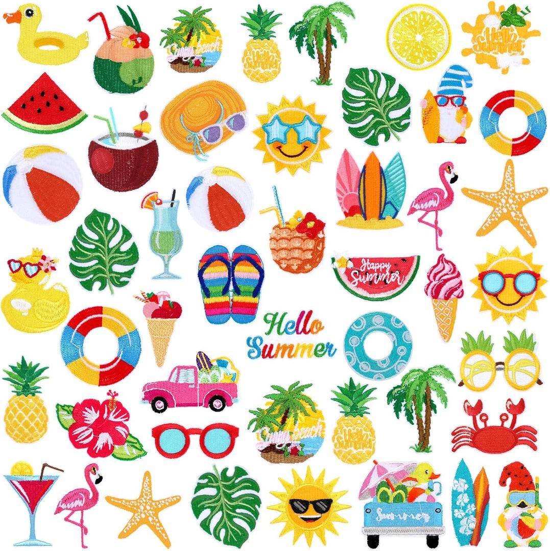 48 Pieces Summer Iron on Patches Cute Beach Theme Bikini Coconut Sunglasses Hat Sew on Embroidered Applique Repair Patch DIY Crafts Festive Gifts for Clothing Hat Shirt Bag Jeans DIY Decoration