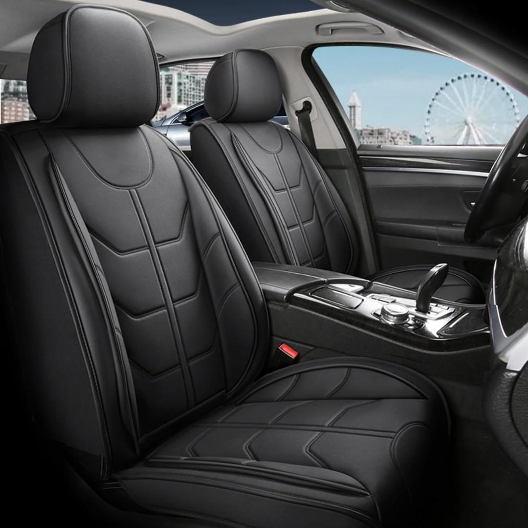 Priprilod Car Seat Covers Full Set, Black Waterproof Leather 5 Seat Covers Automotive Seat Cushion Seat Protectors Universal for Most Cars Trucks Atvs Advs Caravans Car Seat Covers Full Set