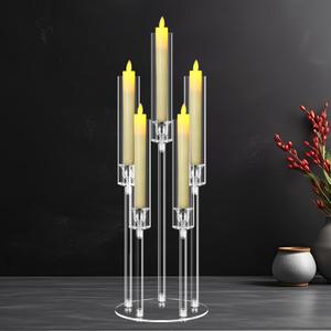 5 Arms Acrylic Candelabra Centerpieces for Tables, 27.2” Tall Clear Candle Holder for Wedding Dinner Party and Home Decor,Candlesticks Holder with Lampshade,Fits LED Candle