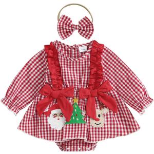 Baby Girl Christmas Outfit Newborn Girl Xmas Santa Romper Dress Bowknot Onesie Cute Fall Winter Baby Clothes (0-3 Months, Red Plaid)