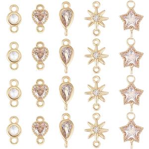 BENECREAT 20Pcs 5 Style 18K Gold Plated Links Flat Round Star Brass Micro Pave Cubic Zirconia Links Teardrop Heart Shape Connecter for Necklace Bracelet Making, Festival Gift