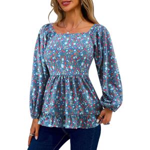 Womens Square Neck Floral Long Sleeve Tops Casual Loose Puff Sleeve Boho Work Blouse T Shirts (Small, C1000)