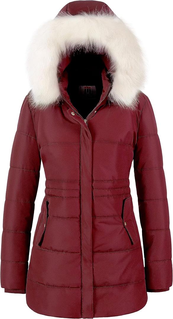 Chrisuno Women's Winter Warm Coats Puffer Jacket Long Drawstring Waterproof Snow Parka With Removable Faux Fur Trim Hood (Large, Burgundy)