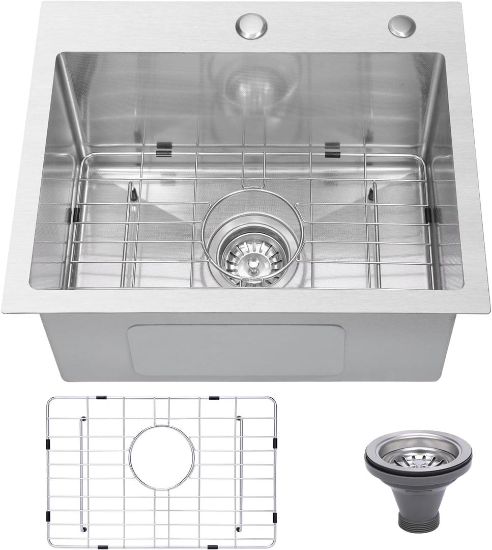 Drop In Kitchen Sink 25x22", 9" Basin Depth, 18 Gauge Stainless Steel Sink, 3D Embossed Surface Finish Top Mount with Accessories