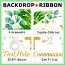 Greenery First Holy Communion Backdrop 8x6ft Polyester God Bless Baptism Photo Banner for Boys Girls Newborn Christening Confirmation Backdrop with Ribbon