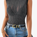 SOLY HUX Women's Sparkly Mock Neck Tank Top Sleeveless Lettuce Trim Elegant Party Tops L