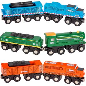 Battat  Classic Trains  6 Pieces Wooden Railroad Set  Magnetic Toy Trains  Train Engines & Cars  3+ Years Wooden Locomotives & Freight Cars