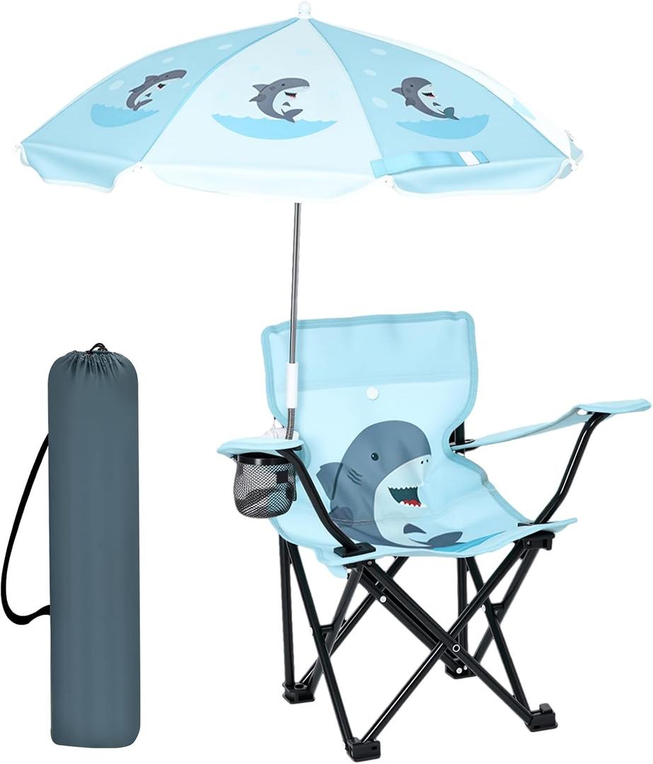 Outdoor Toddler Camping Chair with Umbrella Foldable Beach Chairs with Safety Lock for Kids Waterproof Lawn Kids Folding Chair for Outside Beach Travel(Shark)