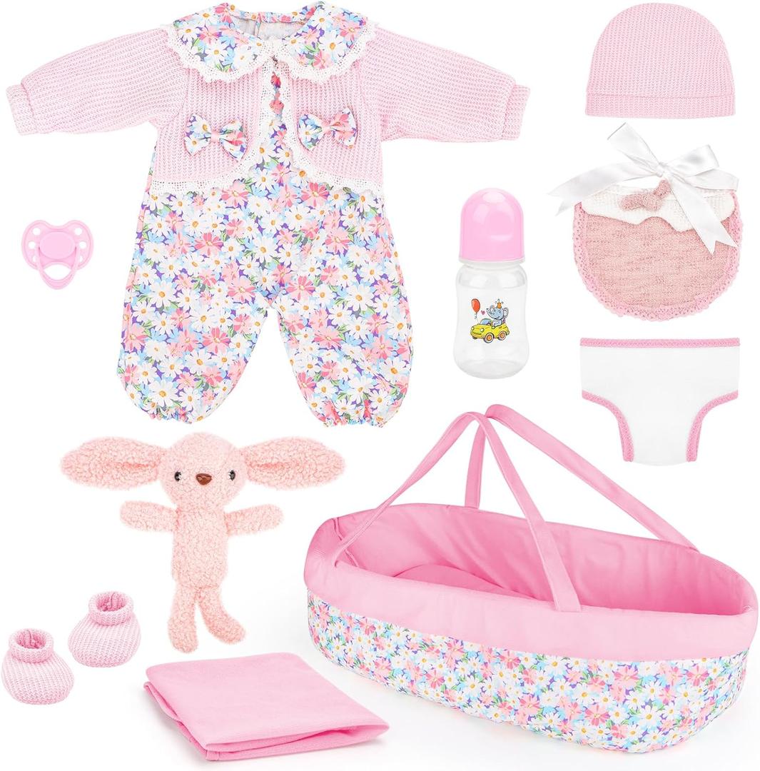 deAO Baby Doll Accessories Set Baby Doll Bassinet for 12-18 Inch Baby Dolls Includes Clothes Carrier Bed Blanket Diapers Pretend Play Set Toys for Kids