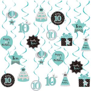 Happy 10th Birthday Party Hanging Swirls Streams Ceiling Decorations, Celebration 10 Foil Hanging Swirls with Cutouts for 10 Years Teal Silver Black Blue Birthday Party Decorations Supplies