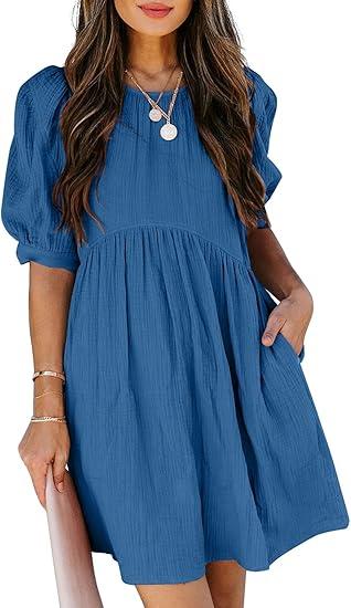 Womens Summer  Puff Sleeve Babydoll Elegant Empire Waist Mini Swing Skater Dress Size M