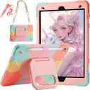 for iPad 9th/ 8th/ 7th Generation Case (iPad 10.2 inch Shockproof Case) with 360 Rotating Grip Magic Stand, Pencil Holder/Keychain/Carrying Shoulder Strap, for iPad 10.2 inch Girls (Colourful)