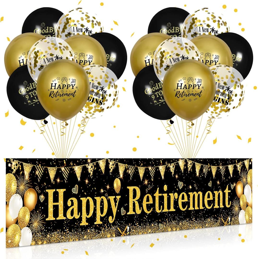 Retirement Party Decorations Black Gold Happy Retirement Banner and 18pcs Happy Retirement Balloons for Men and Women Large Black Gold Retirement Yard Sign for Retirement Party Supplies