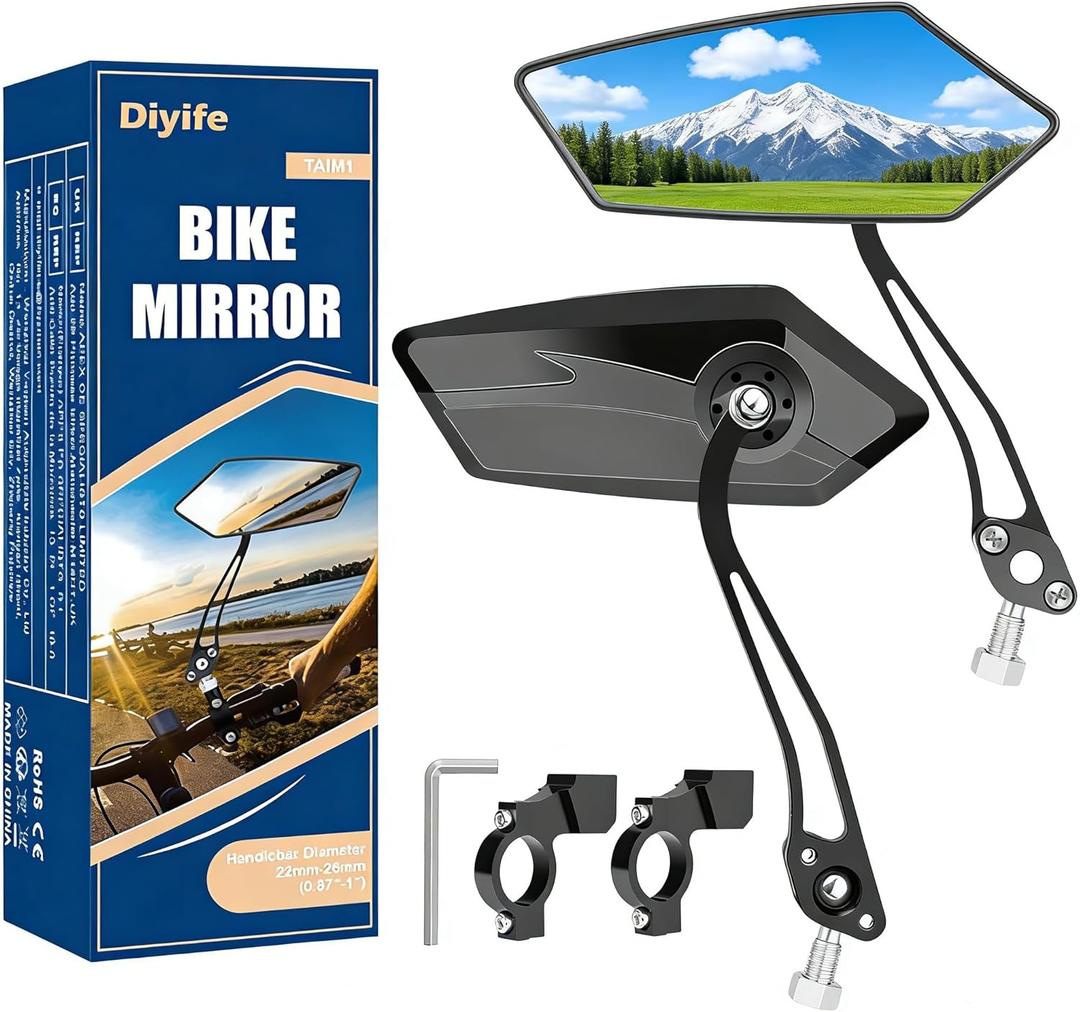 Diyife Bike Mirror 1 Pair, [New Version] HD Wide Angle Large Handlebar Rearview Mirror, Blast-Resistant 360Adjustable Bicycle Rear View Mirror Accessories for Ebike Mountain Road Bike (2 PCS-Black)