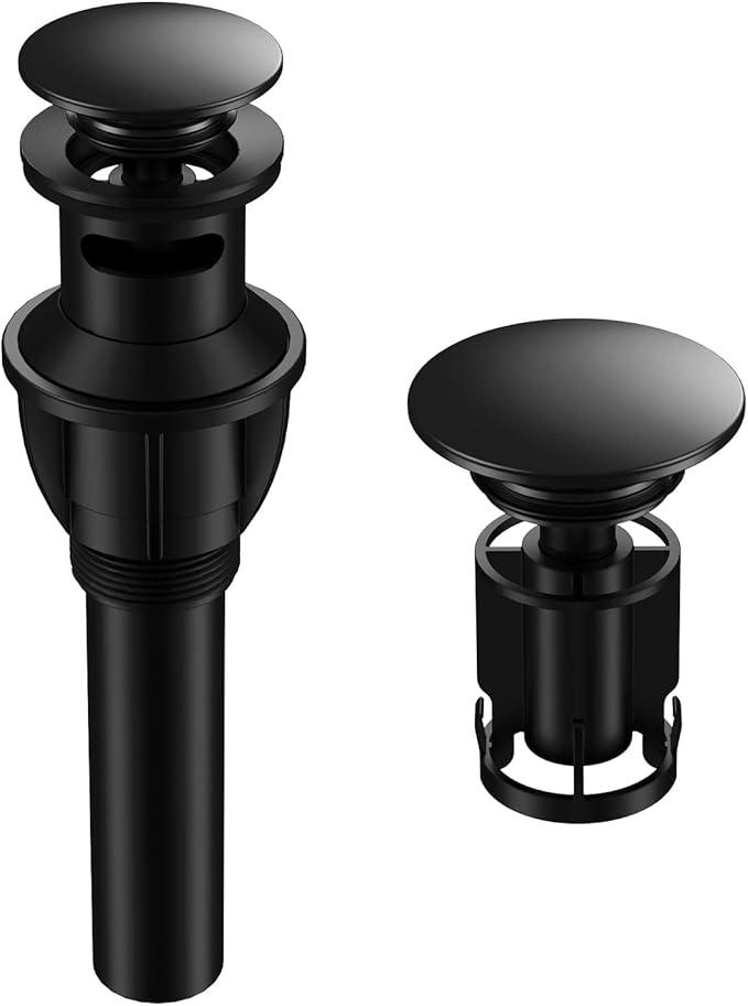 Bathroom Sink Drain with Overflow, Hurran Matte Black Universal Bathroom Sink Stopper for Bathroom Vanity Vessel Sink, Rapid Draining Plastic Pop-up Sink Drain with Hair Catcher Anti-Clog Strainer