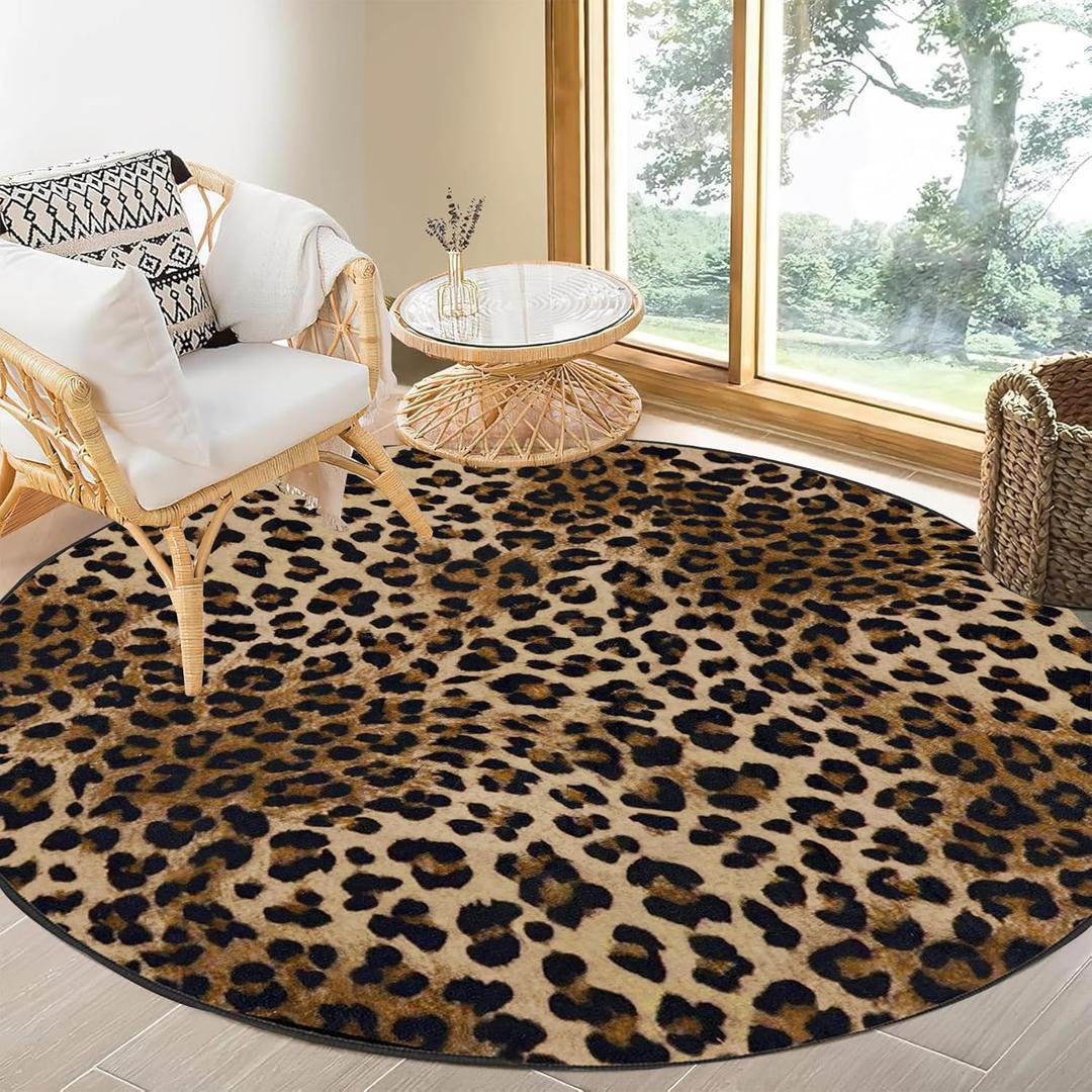 3Ft Leopard Print Round Area Rug, Washable Non-Slip Ultra-Soft Low Pile Carpet, Non-Shedding Modern Circle Rug for Bedroom Entryway Kitchen Bathroom Office