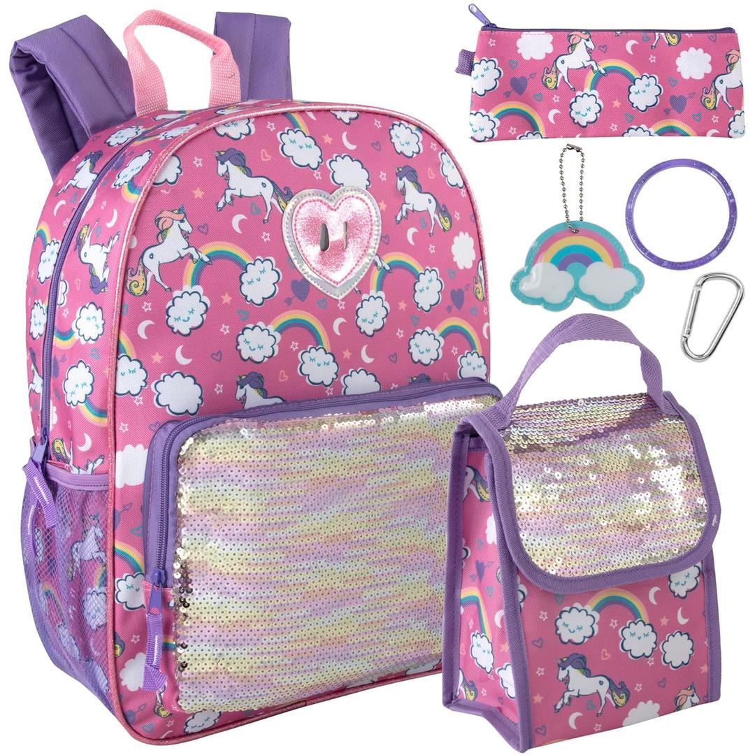 Trail maker Girls 6 in 1 Backpack and Lunch Box Set for School with Pencil Case, Water Bottle, Keychain Attached for Kids (Sparkle Unicorns) (Large)