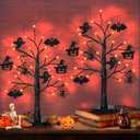 2 Pack 24 Inch Black Halloween Tree with 24 LED Orange Lights, Timer/USB/Battery Operated Lighted Halloween Table Decorations Tree, Spooky Halloween Decorations Indoor Home Decor Party Room