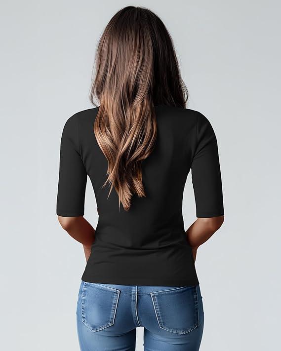 Neer 2 Pack Women's Scoop Neck Stretchy Tops Cotton Half Sleeve Slim Fitted T-Shirts Tight Casual Basic Summer Tees(Black, White, ,XXL)