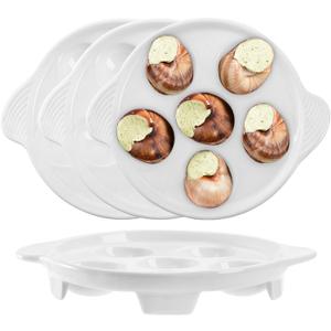 Frcctre 4 Pack Ceramic Escargot Plates with 6 Holes and Handles, 7 Inch White Mushroom Seafood Footed Plates BBQ Snail Baking Dish for Home Kitchen Restaurant