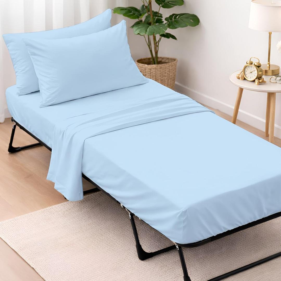 Cottington Lane 4 Piece Cot Sheets Set 25" X 75" with 6 Inch Deep Pocket Light Blue Solid, 100% Egyptian Cotton Cot Sheets, Perfect for Narrow Twin, Camp Bunk,Trifold Mattress, Guest Bed Replacement
