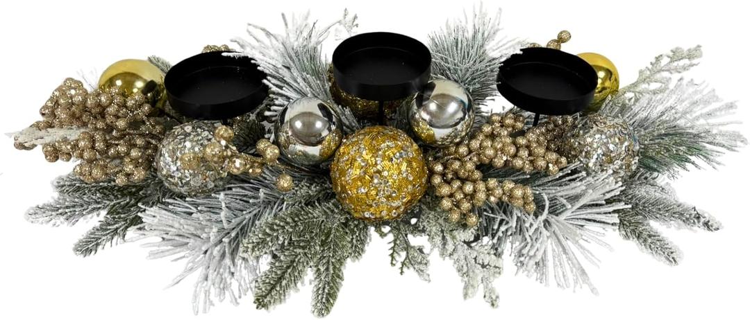 Lnymura Christmas Candle Holder Xmas Decorations 3 Candle Holders with Gold and Silver Christmas Ball Ornament Snow Flocked Pine Needles Golden Berries for Table Centerpiece Holiday Decor Xmas Decor