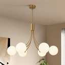 6-Light Modern Farmhouse Gold Chandeliers for Dining Room Light Fixture, Mid Century Hanging Sputnik Chandelier for Living Room Kitchen Island Bedroom Foyer, Milk White Globe Glass Shade