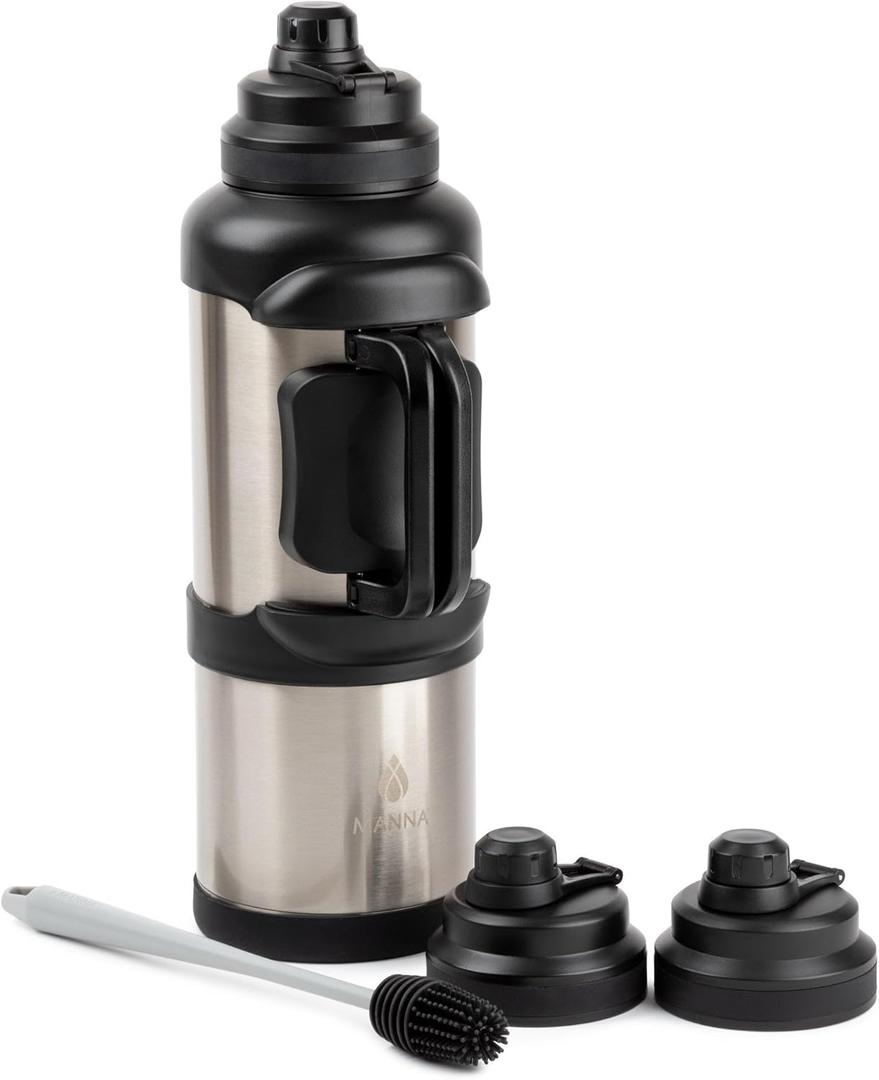 Manna Titan Stainless Steel Vacuum Insulated Jug Gift Set with 2 Extra Lids and an Ultimate Bottle Brush - 4L - Stainless Steel