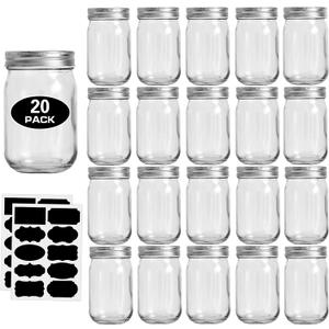 12oz Glass Jars With Lids Regular Mouth 20 Pack -Mason Jars 12 oz For Crafts, Meal Prep, Canning Jars For Food Storage Frascos De Vidrio Con Tapa Para Conservas-with 20 Chalkboard Stickers-Silver Lid