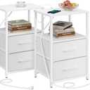 TUTOTAK End Table with Charging Station, Side Table with 2 USB Ports and Outlets, Nightstand with Cloth Drawer, Set of 2, Couch Table, White TB01BW052