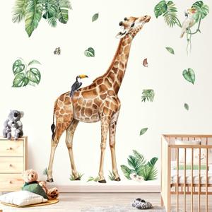 decalmile Large Jungle Giraffe Wall Decals Jungle Animals Tropical Leaves Wall Stickers Baby Nursery Kids Room Playroom Wall Decor
