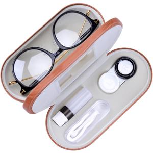 Muf 2 in 1 Contact Lens Case and Glasses Case, Double Sided Design with Mirror, Portable Travel Kit with Tweezer, Remover and Solution Bottle, Walnut Wood