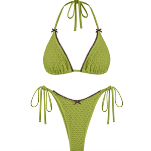 ZAFUL Bikini Sets for Women Halter Two Piece Swimsuit Eyelet Triangle Tie Side Thong Bathing Suit Bowknot Lace Trim Swimwear M