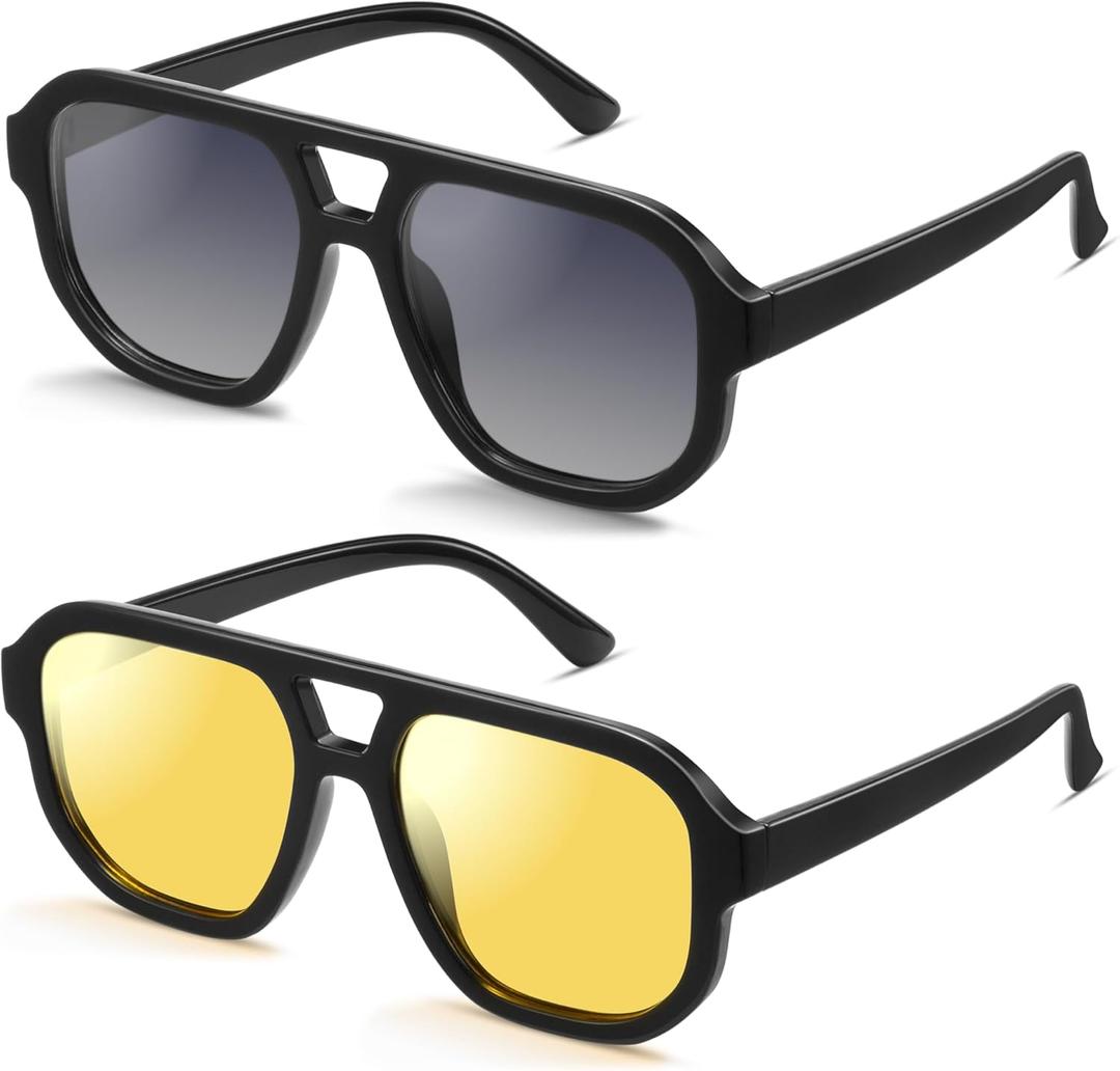livho Trendy Polarized Square Aviator Sunglasses Women Men Square Eyewear Frame, Retro Sun Glasses for Women Men 2025 Shades (Black/Grey + Black/Yellow Tint)