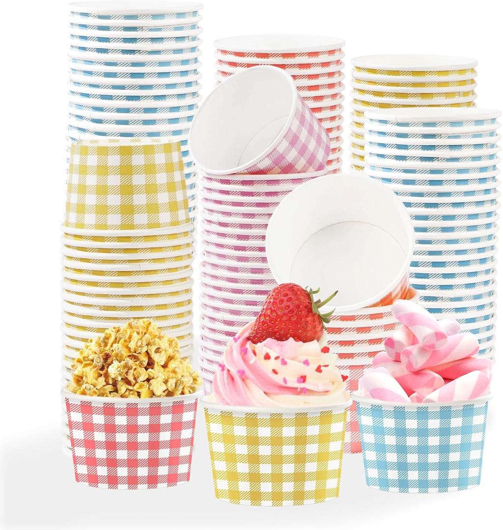 120 Pcs Gingham Ice Cream Cups 12 oz Disposable Easter Paper Cups Pastel Gingham Party Cup Bulk Blue Purple Yellow Red Snack Bowls for Easter Holiday Birthday Picnic BBQ Wedding Tea Party Supplies