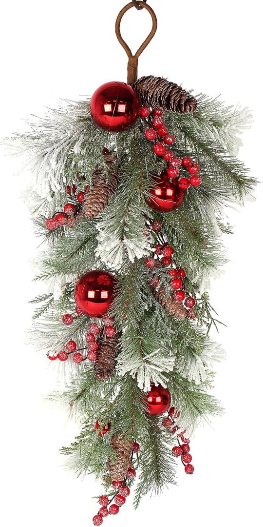 32 Inch Artificial Mixed Pine Christmas Teardrop Swag with Snow, Crystals, Berries, Pine Cones and Red Ball Ornaments