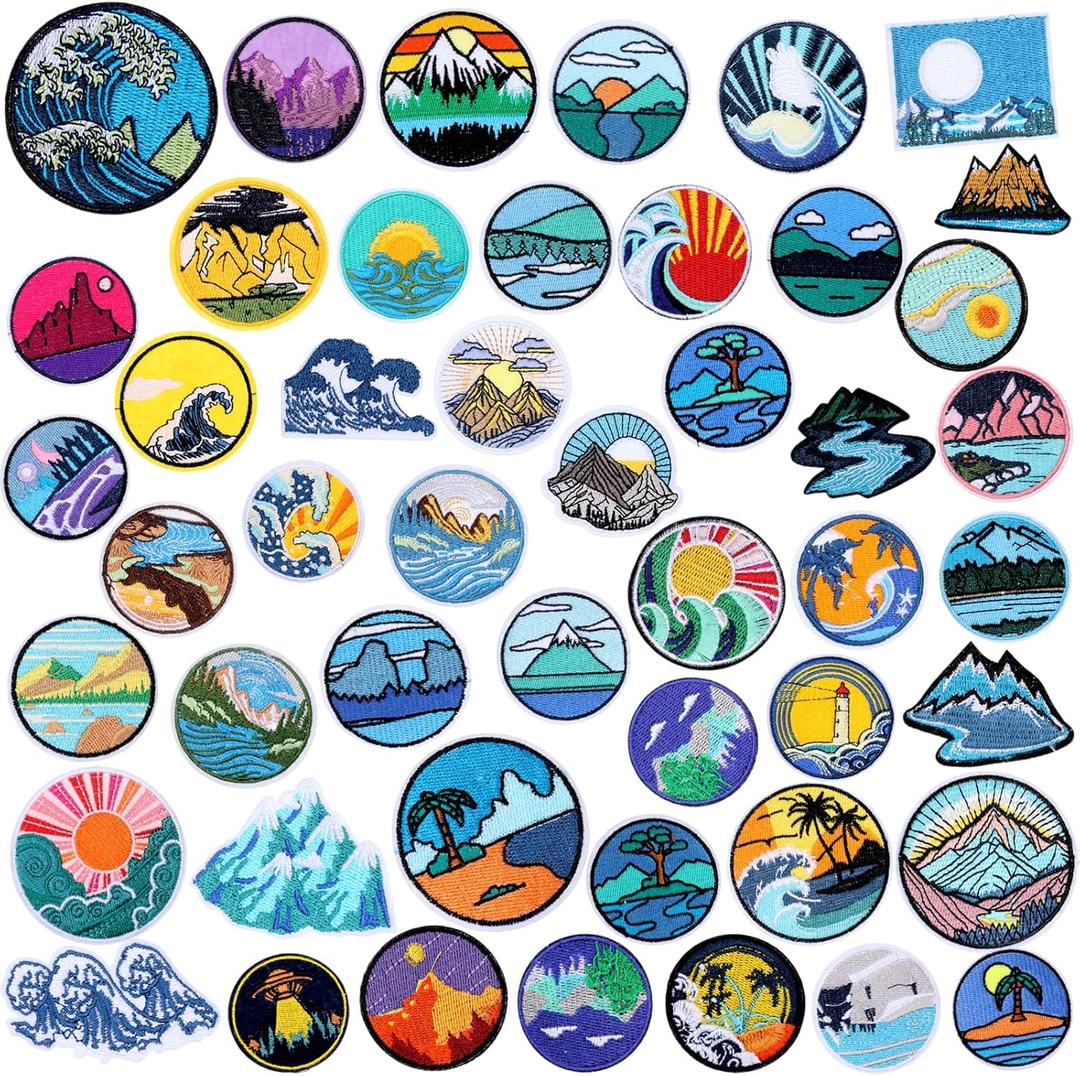 Hotop 48 Pcs Camping Theme Iron on Patches Adventure Outdoor Patch Mountain Hiking Applique Backpacking Sew on Embroidered for Travel Camp Hats Jeans Jackets Clothes Backpack Cap DIY Crafts Sew Making