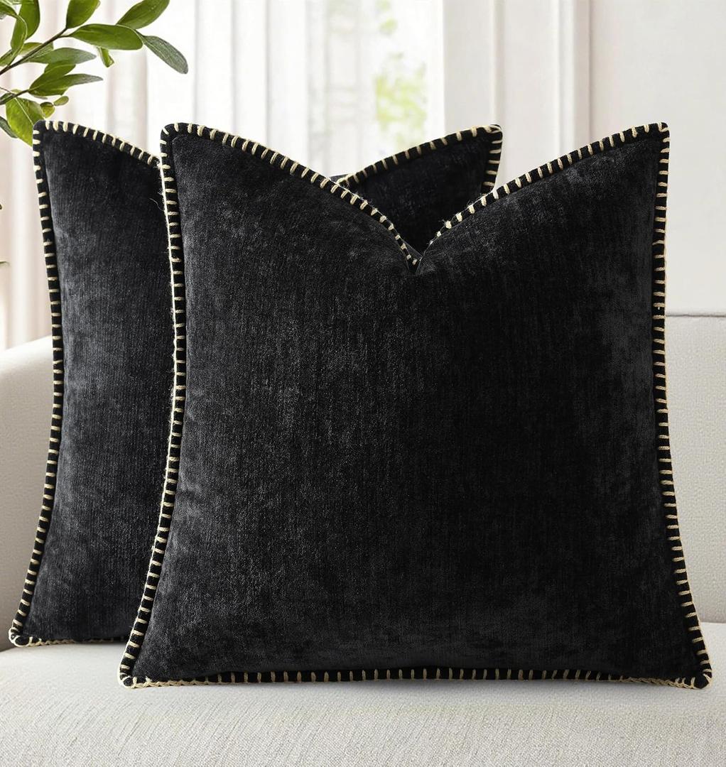 decorUhome Chenille Soft Cozy Throw Pillow Covers 20x20 Set of 2, Modern Farmhouse Boho Velvet Decorative Pillow Cases with Stitched Edge for Couch Sofa Bed Home Decor, Black