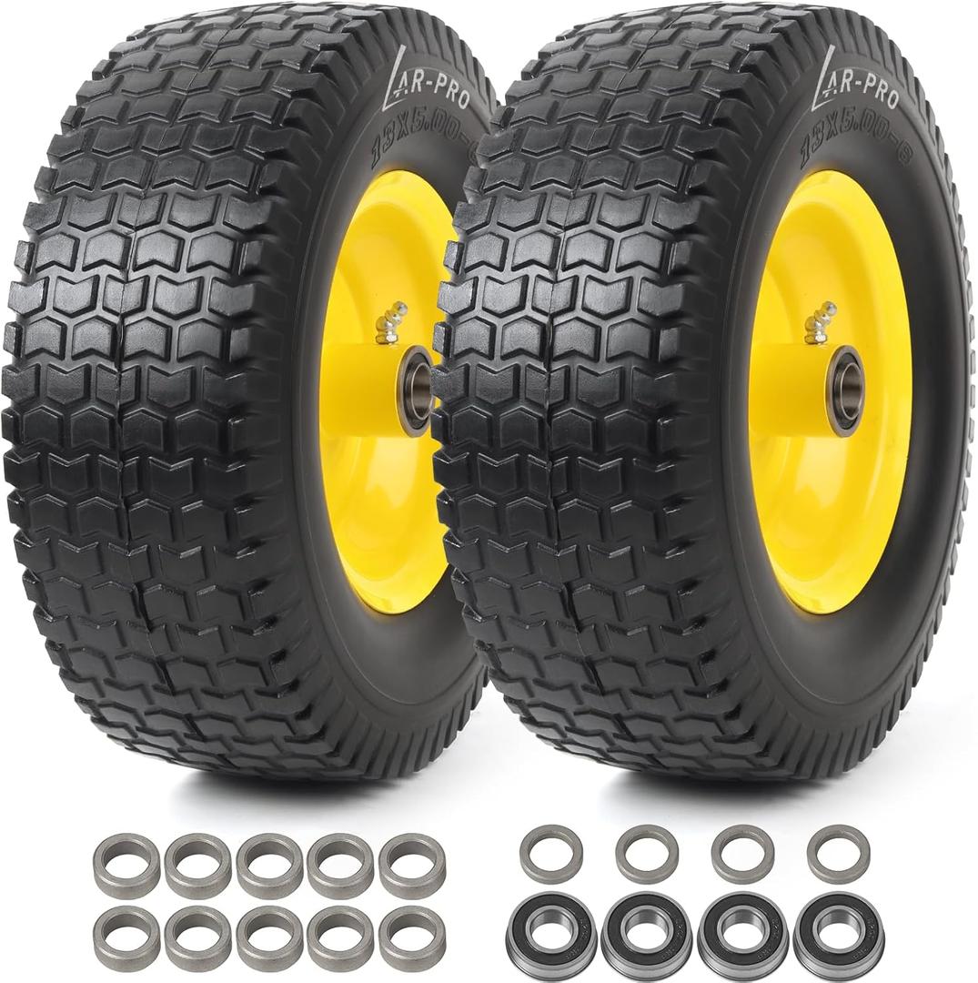 AR-PRO (2-Pack) 13x5.00-6 Flat Free Tire and Wheel Set - Replacement Riding Lawn Mower Solid Front Tire and Rim - with 3"-6" Offset Hub and 3/4" or 5/8" Bearings, Turf Treads with 400 lbs Load (Yellow)
