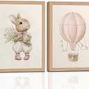 2Pcs Pink Baby Girl Nursery Wall Decor Cute Bunny Wall Art Cozy Rabbit Canvas Artwork Prints Vintage Hot Air Balloon Painting Prints for Kid's Room Baby Room Wood Framed 16x24in