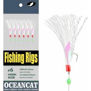 OCEAN CAT 6 Hooks/Pack Fishing Rigs Freshwater Saltwater Rainbow Soft Rubber Skin Colorful Silks Feather Rigs with Carbon Steel String Hooks Glow Beads Fishing Lures Baits Tackle (8#)