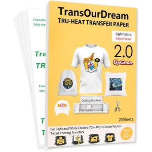TransOurDream Upgraded Iron on Heat Transfer Paper for T Shirts (20 Sheets, 8.5x11) Iron on Transfers for Light Fabric Printable Heat Transfer Vinyl for Inkjet Printer (TOD-4)