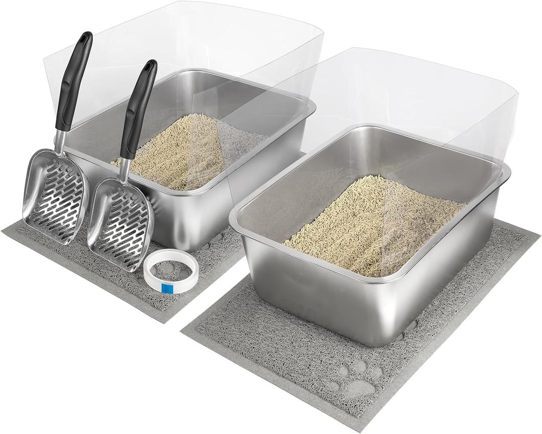2 Set Stainless Steel Litter Box - 17.7"x13.8"x5.9", High-Sided Shield, Scoops, Mats for Multiple Cats, Easy to Clean (Large)