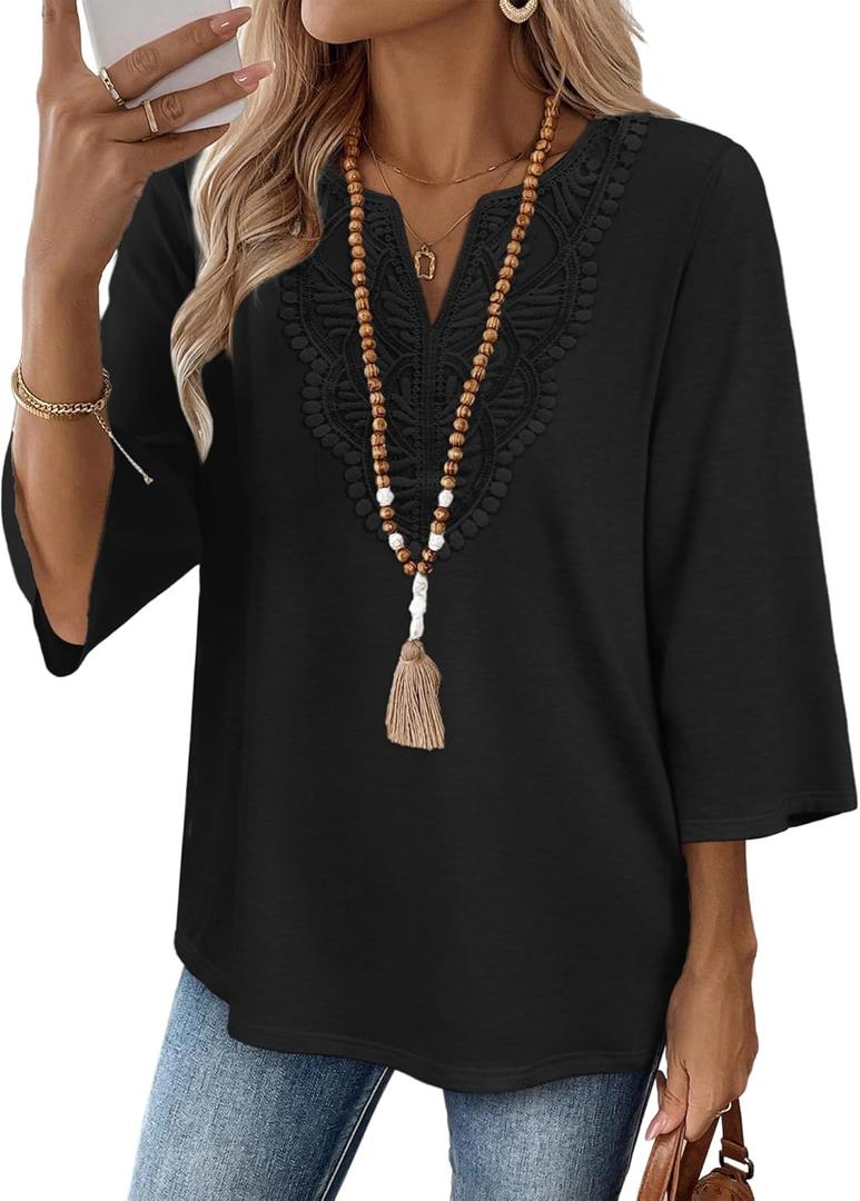 WIHOLL 3/4 Length Sleeve Womens Tops Boho V Neck Lace Shirt Trendy Blouses Dressy Casual Vacation Clothes S-3XL (Black, XXXL)