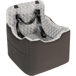 Dog Car Seat for Small Medium Dogs - 6.7inch Elevated Dog Booster Car Seats wih Soft Rose Velvet, Washable Travel Pet Carseat with 2 Safety Leashes and Storage Pockets(Grey/Black Coffee)